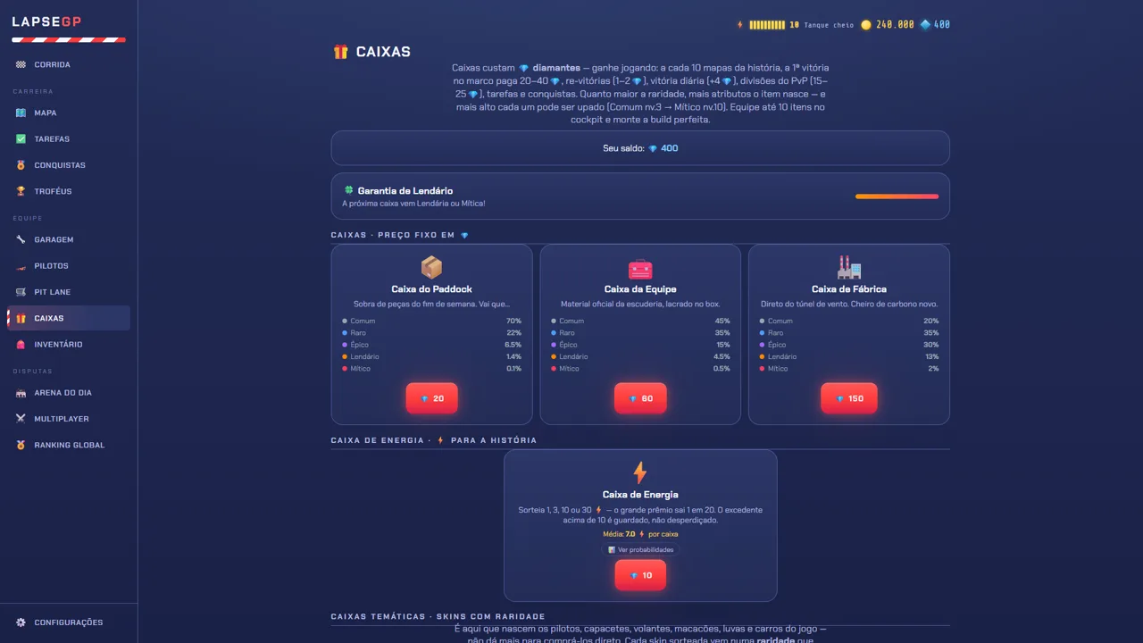 Tela de caixas com peças de raridades diferentes